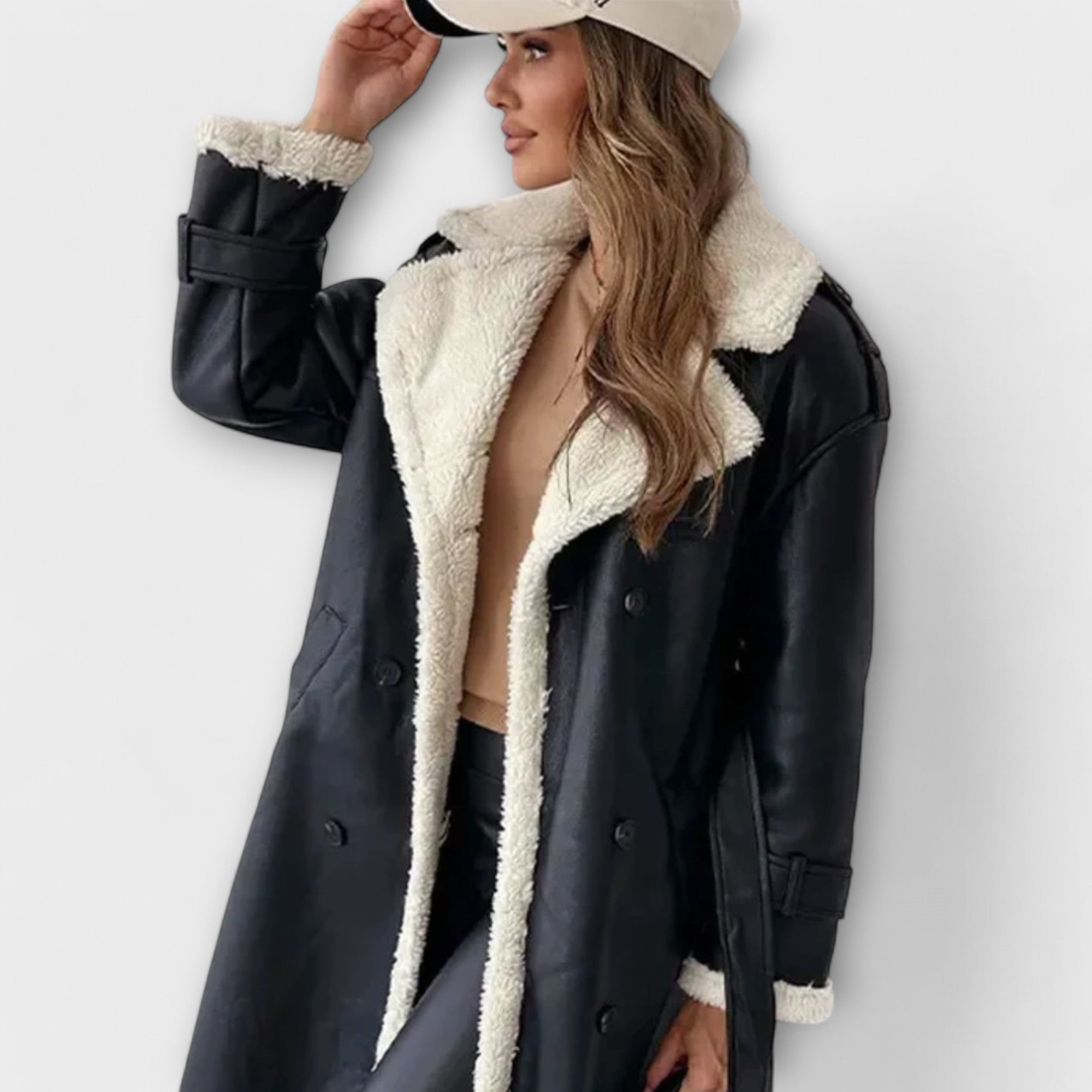 Maria – Long Classic Coat with Fleece Lining and Teddy Collar